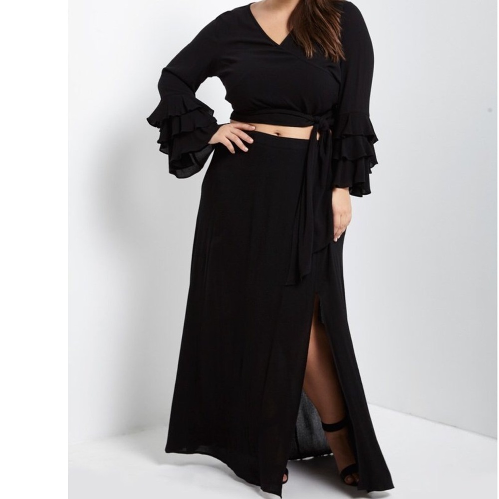Tiered Sleeve Wrap Top & Side Slit Maxi Skirt Set